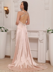 Pink Column Straps Brush Train Taffeta Beading Prom / Pageant Dress