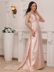 Pink Column Straps Brush Train Taffeta Beading Prom / Pageant Dress