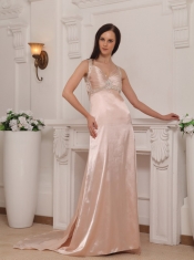 Pink Column Straps Brush Train Taffeta Beading Prom / Pageant Dress