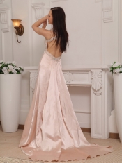 Pink Column Straps Brush Train Taffeta Beading Prom / Pageant Dress