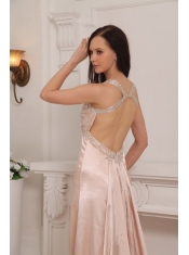 Pink Column Straps Brush Train Taffeta Beading Prom / Pageant Dress
