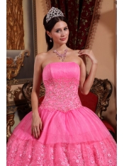 Pink Strapless Organza Lace Appliques Ball Gown Quinceanera Dress