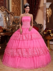 Pink Strapless Organza Lace Appliques Ball Gown Quinceanera Dress