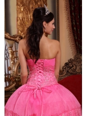 Pink Strapless Organza Lace Appliques Ball Gown Quinceanera Dress