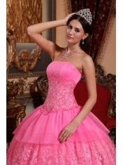 Pink Strapless Organza Lace Appliques Ball Gown Quinceanera Dress