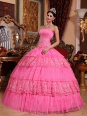 Pink Strapless Organza Lace Appliques Ball Gown Quinceanera Dress