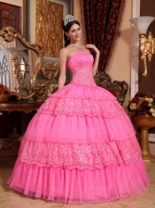 Pink Strapless Organza Lace Appliques Ball Gown Quinceanera Dress