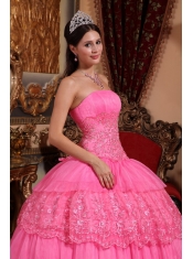 Pink Strapless Organza Lace Appliques Ball Gown Quinceanera Dress