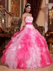 Pink Sweetheart Floor-length Organza Beading and Ruch Ball Gown Quinceanera Dress