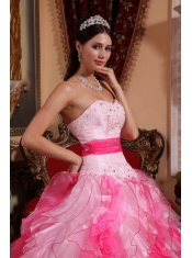 Pink Sweetheart Floor-length Organza Beading and Ruch Ball Gown Quinceanera Dress