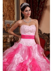 Pink Sweetheart Floor-length Organza Beading and Ruch Ball Gown Quinceanera Dress