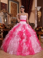 Pink Sweetheart Floor-length Organza Beading and Ruch Ball Gown Quinceanera Dress