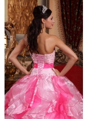 Pink Sweetheart Floor-length Organza Beading and Ruch Ball Gown Quinceanera Dress