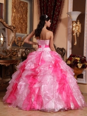 Pink Sweetheart Floor-length Organza Beading and Ruch Ball Gown Quinceanera Dress