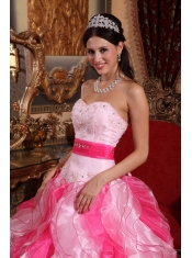 Pink Sweetheart Floor-length Organza Beading and Ruch Ball Gown Quinceanera Dress