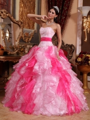 Pink Sweetheart Floor-length Organza Beading and Ruch Ball Gown Quinceanera Dress