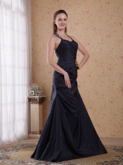 Popular A-Line / Princess Halter Floor-length Taffeta Beading Prom Dress