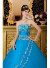 Popular Ball Gown Strapless Floor-length Tulle Lace Appliques Teal Quinceanera Dress