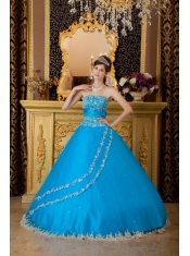 Popular Ball Gown Strapless Floor-length Tulle Lace Appliques Teal Quinceanera Dress