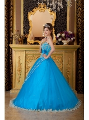 Popular Ball Gown Strapless Floor-length Tulle Lace Appliques Teal Quinceanera Dress