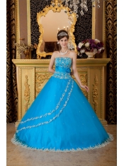 Popular Ball Gown Strapless Floor-length Tulle Lace Appliques Teal Quinceanera Dress