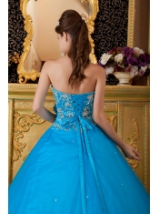 Popular Ball Gown Strapless Floor-length Tulle Lace Appliques Teal Quinceanera Dress