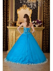 Popular Ball Gown Strapless Floor-length Tulle Lace Appliques Teal Quinceanera Dress