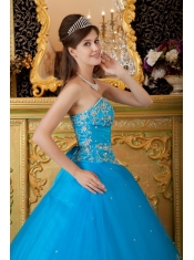 Popular Ball Gown Strapless Floor-length Tulle Lace Appliques Teal Quinceanera Dress