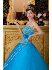 Popular Ball Gown Strapless Floor-length Tulle Lace Appliques Teal Quinceanera Dress