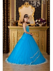 Popular Ball Gown Strapless Floor-length Tulle Lace Appliques Teal Quinceanera Dress