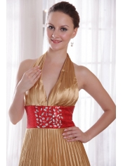 Popular Empire Halter Brush Train Elastic Woven Satin Rhinestones Prom Dress