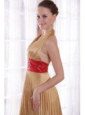 Popular Empire Halter Brush Train Elastic Woven Satin Rhinestones Prom Dress