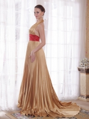 Popular Empire Halter Brush Train Elastic Woven Satin Rhinestones Prom Dress