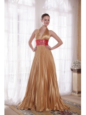 Popular Empire Halter Brush Train Elastic Woven Satin Rhinestones Prom Dress