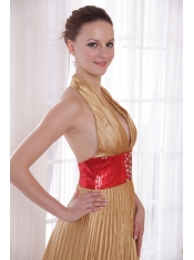 Popular Empire Halter Brush Train Elastic Woven Satin Rhinestones Prom Dress