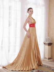 Popular Empire Halter Brush Train Elastic Woven Satin Rhinestones Prom Dress