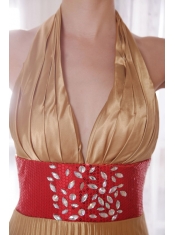 Popular Empire Halter Brush Train Elastic Woven Satin Rhinestones Prom Dress