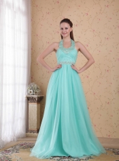 Popular Empire Halter Floor-length Tulle Beading Prom Dress