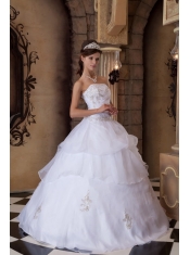 Pretty Ball Gown Strapless Floor-length Appliques Satin and Organza White Quinceanera Dress