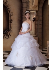 Pretty Ball Gown Strapless Floor-length Appliques Satin and Organza White Quinceanera Dress