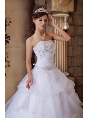 Pretty Ball Gown Strapless Floor-length Appliques Satin and Organza White Quinceanera Dress