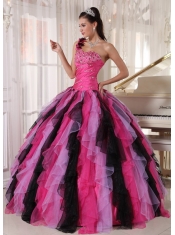 Pretty Multi-colored Quinceanera Dress One Shoulder Floor-length Organza Beading and Ruffles