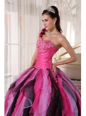 Pretty Multi-colored Quinceanera Dress One Shoulder Floor-length Organza Beading and Ruffles