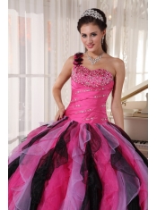 Pretty Multi-colored Quinceanera Dress One Shoulder Floor-length Organza Beading and Ruffles