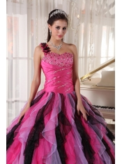 Pretty Multi-colored Quinceanera Dress One Shoulder Floor-length Organza Beading and Ruffles