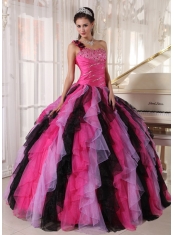 Pretty Multi-colored Quinceanera Dress One Shoulder Floor-length Organza Beading and Ruffles