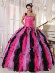 Pretty Multi-colored Quinceanera Dress One Shoulder Floor-length Organza Beading and Ruffles