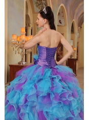 Purple and Aqua Blue Ball Gown Sweetheart Ruffles Organza Quinceanera Dress