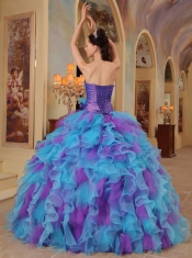 Purple and Aqua Blue Ball Gown Sweetheart Ruffles Organza Quinceanera Dress