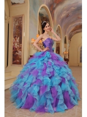 Purple and Aqua Blue Ball Gown Sweetheart Ruffles Organza Quinceanera Dress